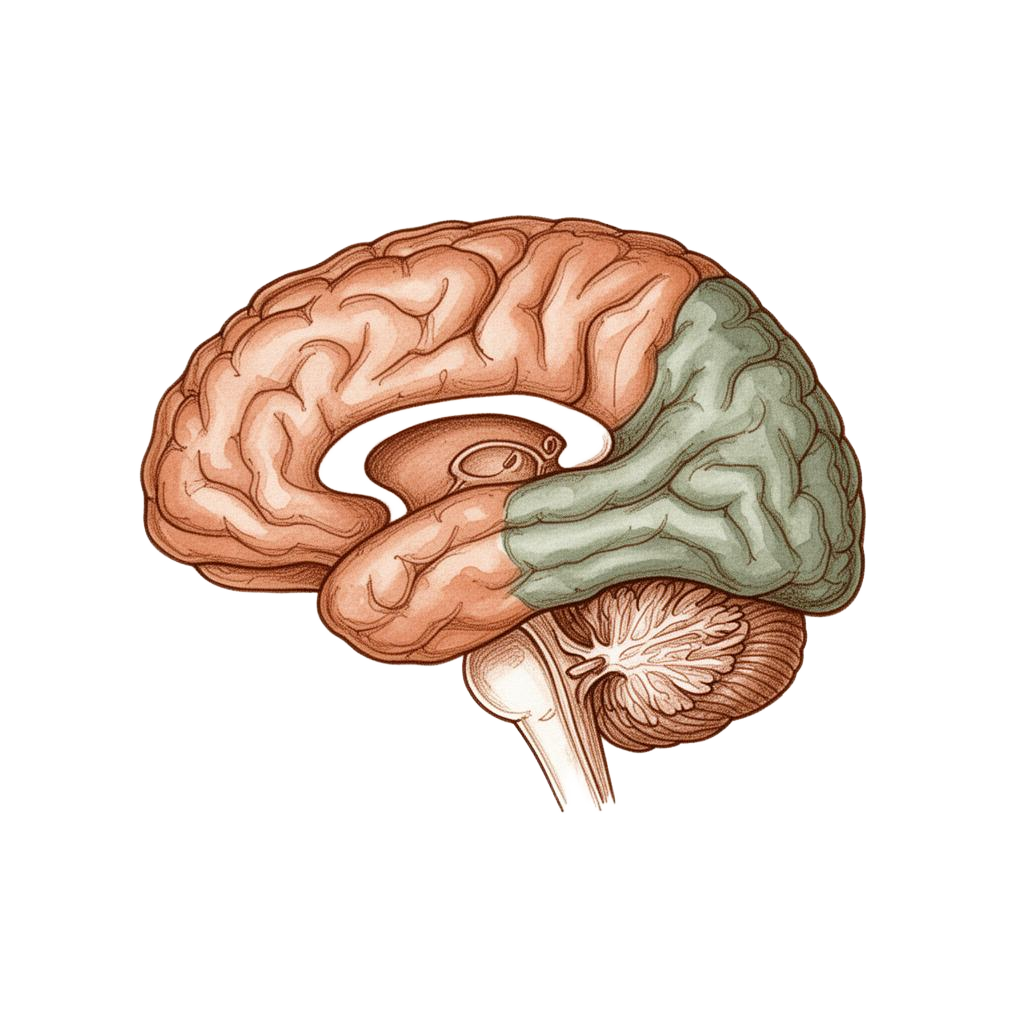 Ilustração didática de um cérebro humano em vista lateral, com lobos coloridos.
